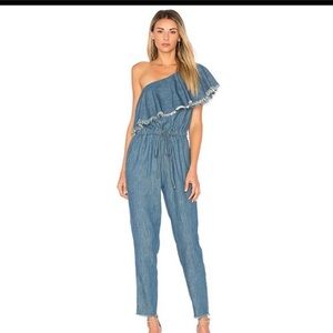 BlankNYC chambray jumpsuit one shoulder ruffle fringe tie waist size XS